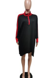 ブラック カジュアル ソリッド パッチワーク ジッパー カラー ロング スリーブ ドレス
