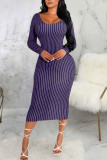 紫のセクシーなストライプ プリント パッチワーク O ネック ワン ステップ スカート ドレス
