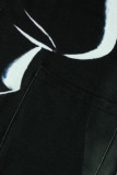 ブラックホワイトファッションカジュアルプリントパッチワークVネック半袖ワンピース