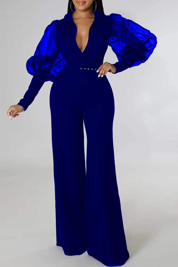 Blue Fashion Solid ohne Gürtel Mesh V-Ausschnitt Boot Cut Jumpsuits