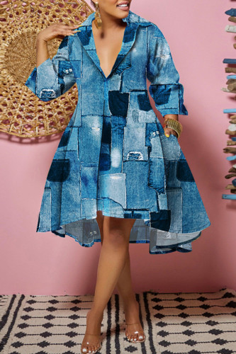 Abito blu moda casual con stampa patchwork con colletto turndown