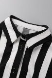 Tops de cintura alta con cuello en V y frenillo a rayas de trabajo informal de moda en blanco y negro