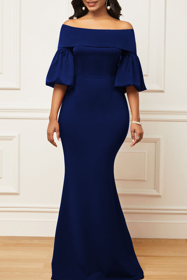 Синее элегантное однотонное вечернее платье в стиле пэчворк с открытыми плечами Платья