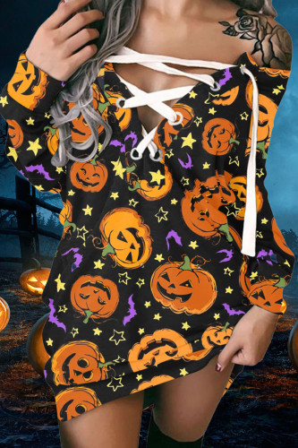 Orange Halloween Street Graphics Print Bandage Off the Shoulder Straight Long Sleeve Sweatshirt Mini Dresses