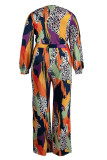 Yellow Sexy Print Bandage Patchwork V Neck Plus Size Jumpsuits