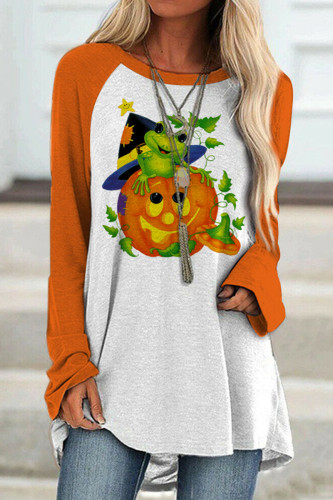 Orange Green Fashion Casual Print Patchwork O Neck Tops