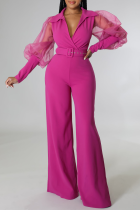 ピンク ファッション ソリッド ベルトなし メッシュ V ネック ブーツ カット ジャンプスーツ