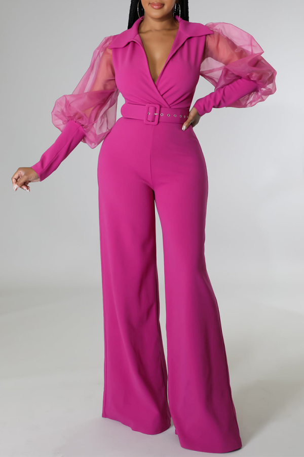 ピンク ファッション ソリッド ベルトなし メッシュ V ネック ブーツ カット ジャンプスーツ