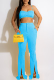 Sky Blue Sexy Solid Patchwork Slit Spaghetti Strap Sleeveless Two Pieces