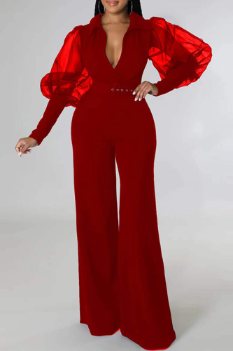 Red Fashion Solid Without Belt Mesh V Neck Boot Cut Jumpsuits