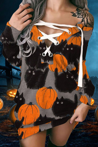 Black Orange Halloween Street Graphics Print Bandage Off the Shoulder Straight Long Sleeve Sweatshirt Mini Dresses