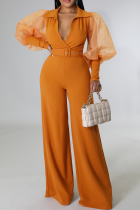 オレンジ ファッション ソリッド ベルトなし メッシュ V ネック ブーツ カット ジャンプスーツ