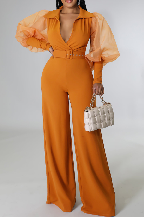 Macacão laranja fashion sólido sem cinto de malha decote em v com corte de bota