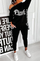 Moda casual estampado de letras patchwork cuello con capucha manga larga dos piezas negro