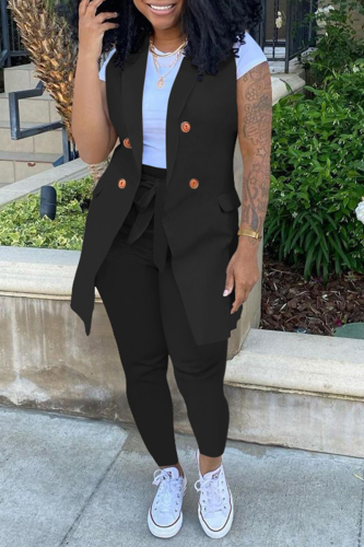 Black Casual Solid Patchwork Turndown Collar Sleeveless Two Pieces