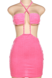 ピンクのセクシーなソリッドくり抜かれたホルターペンシルスカートドレス