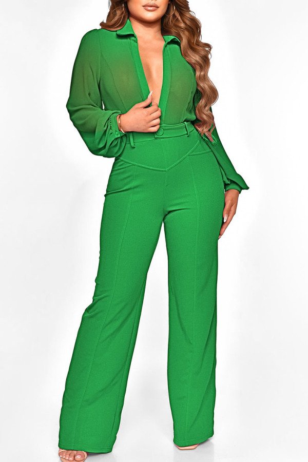 Groene sexy effen patchwork rechte jumpsuits met V-hals