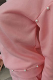 Gola com capuz rosa estampa casual patchwork pérola manga longa duas peças
