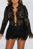 Black Sexy Patchwork Lace V Neck Long Sleeve Two Pieces