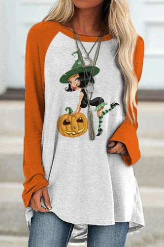 Black Orange Fashion Casual Print Patchwork O Neck Tops