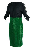 Green Sexy Solid Sequins Patchwork Beading V Neck Dresses