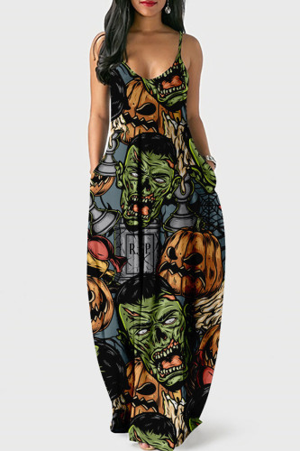 Gray Green Halloween Casual Graphics Print Backless Floor Length Vacation Baggy Slip Maxi Dress