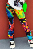 Calças de cintura alta com estampa casual multicolorida patchwork