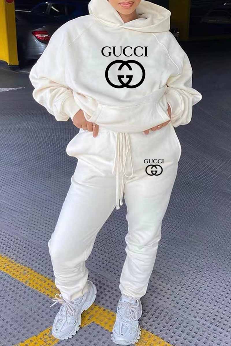 

White Fashion Casual Print Letter Hooded Collar Long Sleeve Two Pieces