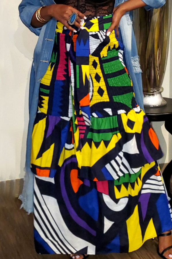 Цветные модные уличные принты в стиле пэчворк с воланами Прямые штаны с высокой талией и сплошным принтом