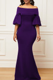 Темно-фиолетовое элегантное однотонное вечернее платье в стиле пэчворк с открытыми плечами Платья