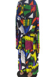 Calças de retalhos com estampa de rua colorida moda cintura alta babados retos estampados