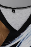 Vestido de manga curta caqui preto moda casual estampa patchwork decote em v