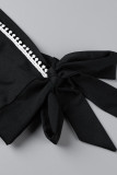 Black Sexy Solid Sequins Patchwork Beading V Neck Dresses
