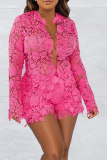 Rose Red Sexy Patchwork Lace V Neck Long Sleeve Two Pieces