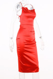 Vestidos de falda envueltos con correa de espagueti sin espalda sólida de calle de moda roja