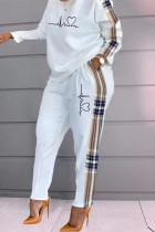 blanco caqui moda casual estampado patchwork o cuello manga larga dos piezas