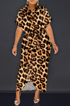 Vestido de camisa com estampa de leopardo moda casual estampa patchwork gola virada para baixo