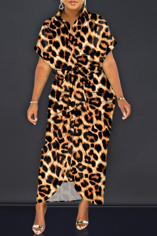 Vestido de camisa com estampa de leopardo moda casual estampa patchwork gola virada para baixo