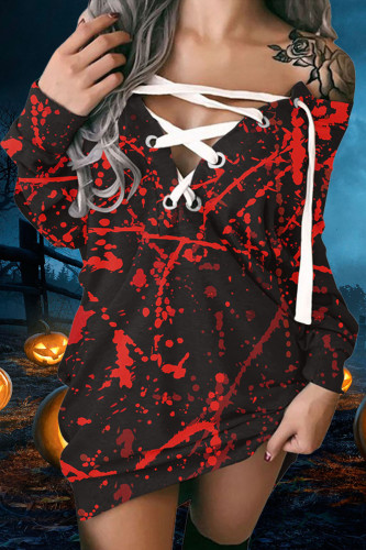 Black Red Halloween Street Graphics Print Bandage Off the Shoulder Straight Long Sleeve Sweatshirt Mini Dresses
