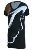 Черный цвет хаки Модное повседневное платье с принтом в стиле пэчворк и V-образным вырезом с коротким рукавом