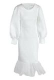 Vestido de noite branco sexy fashion patchwork sólido com miçangas o pescoço manga longa