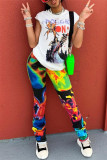 Pantalones de cintura alta regulares de patchwork con estampado casual de moda multicolor