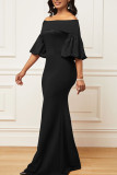 Vestido de noche con hombros descubiertos y patchwork liso elegante negro Vestidos