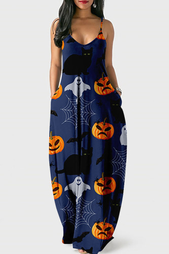Dark Blue Halloween Casual Graphics Print Backless Floor Length Vacation Baggy Slip Maxi Dress