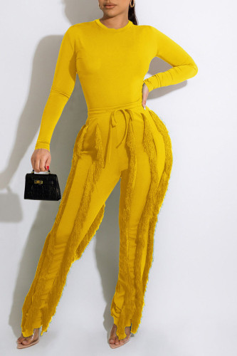 Yellow Casual Solid Tassel Patchwork O Neck Long Sleeve Two Pieces