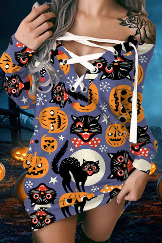 Purple Halloween Street Graphics Print Bandage Off the Shoulder Straight Long Sleeve Sweatshirt Mini Dresses