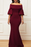 Красное элегантное однотонное вечернее платье в стиле пэчворк с открытыми плечами Платья