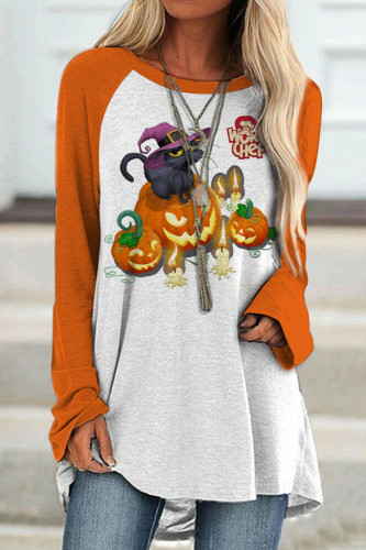 Orange Purple Fashion Casual Print Patchwork O Neck Tops