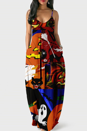 Orange Red Halloween Casual Graphics Print Backless Floor Length Vacation Baggy Slip Maxi Dress