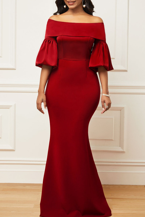 Vestido de noche con hombros descubiertos y patchwork sólido elegante rojo Vestidos